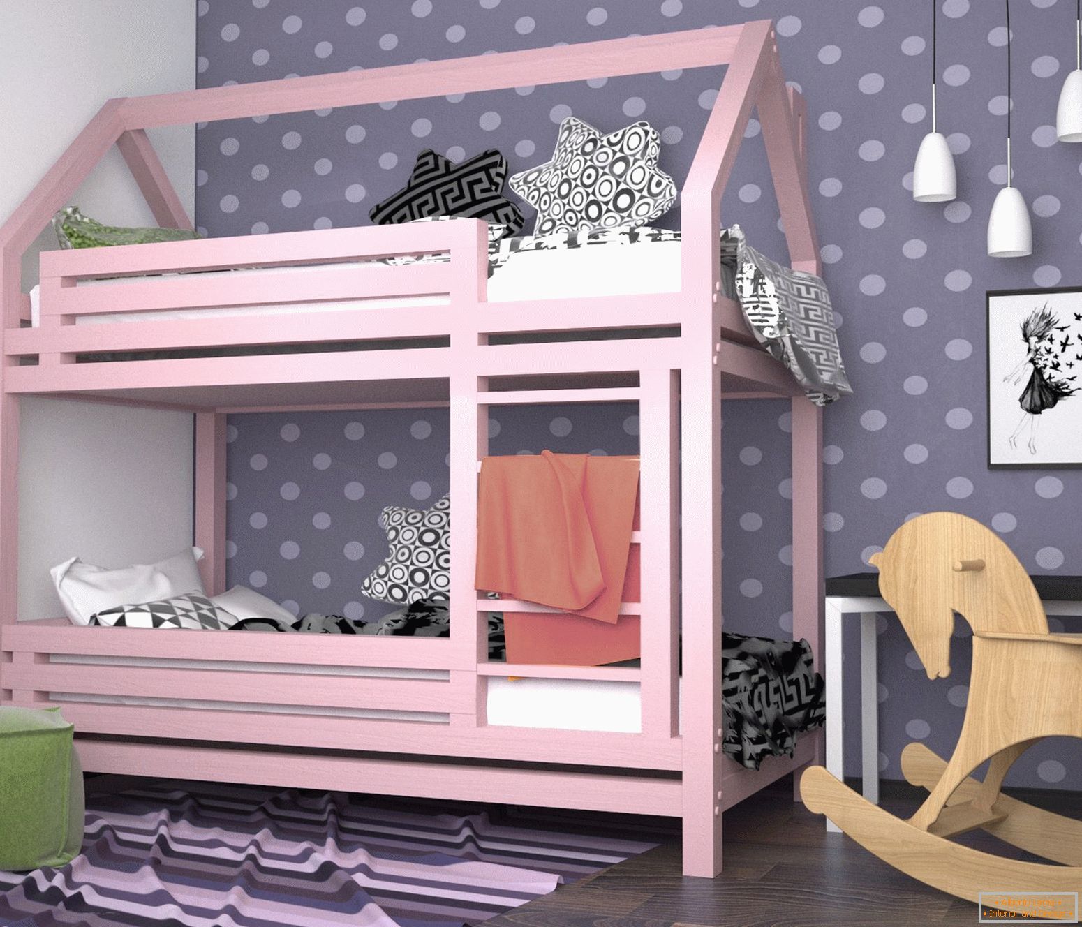 Рожева двох'ярусна ліжко в дитячій для дівчинки