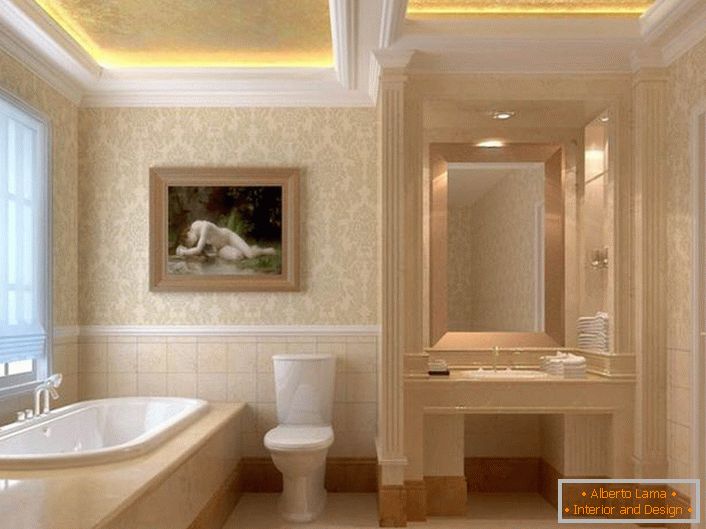 Ліпнина з гіпсу є гармонійним елементом інтер'єру в стилі модерн. Двоярусні стелі оснащені правильним освітленням. Світлодіодна стрічка, яка видає теплий, жовте світло, робить атмосферу у ванній романтичної.