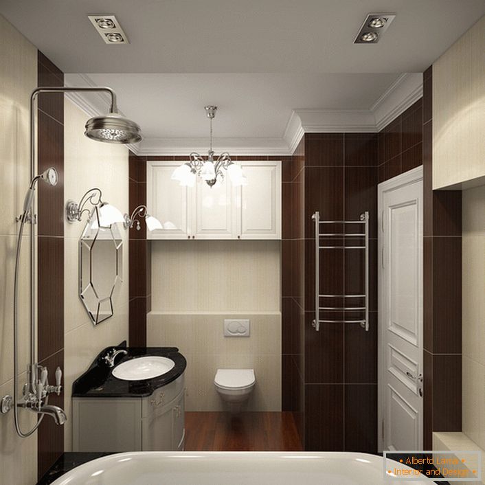 Стиль модерн проявляється використанням білої сантехніки, яка ефектно виділяється на тлі чорних елементів меблів. 