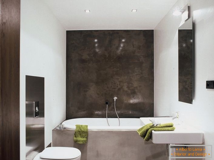Світлі і темні відтінки коричневого - традиційне рішення для оформлення ванної в модерн стилі. Невелика ванна не переобтяжена зайвими деталями.