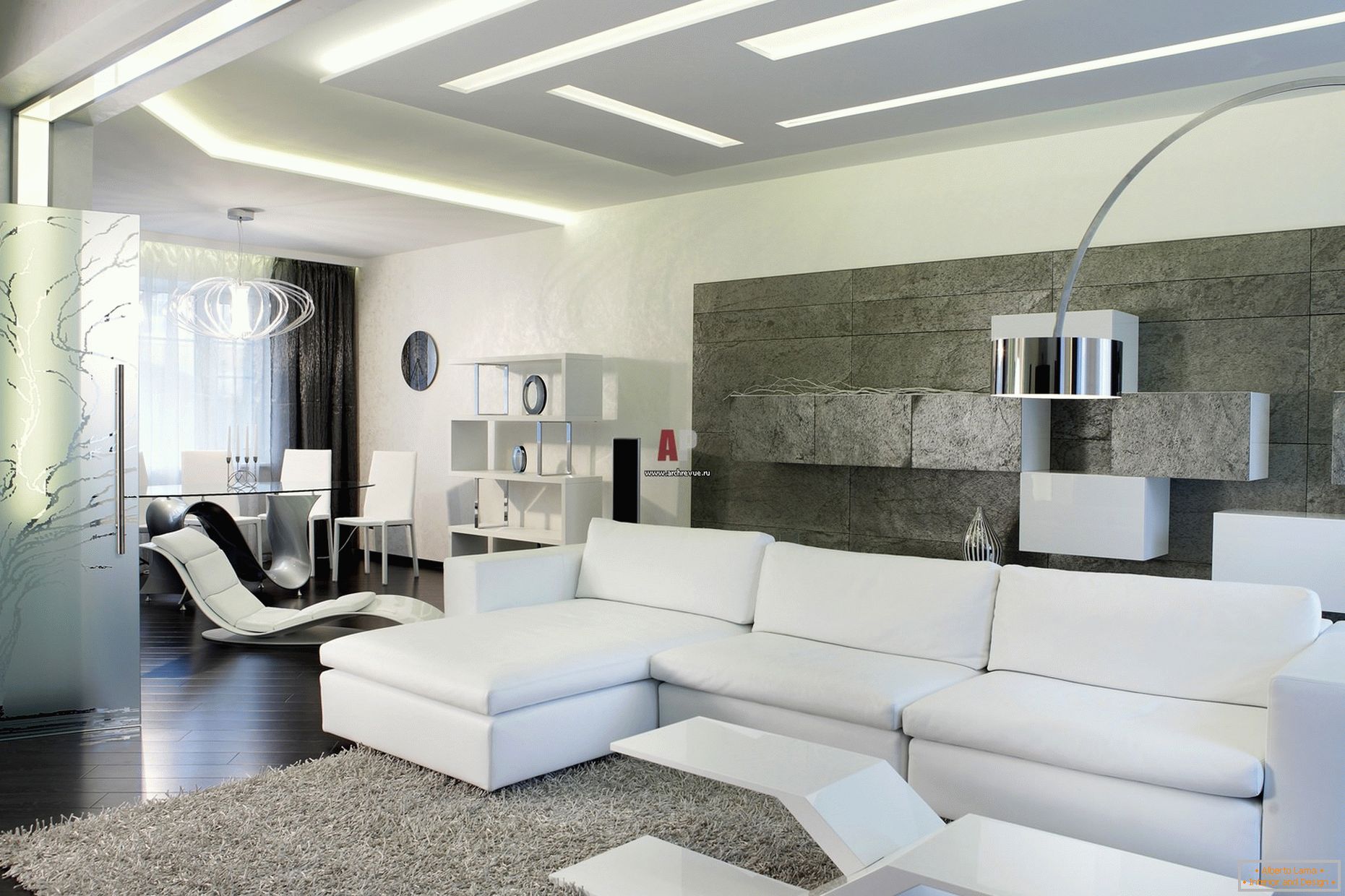 Білий інтер'єр гостей кімнати в мінімалістичному стилі примітний сучасним, сміливим дизайном з нотками хай-тек.