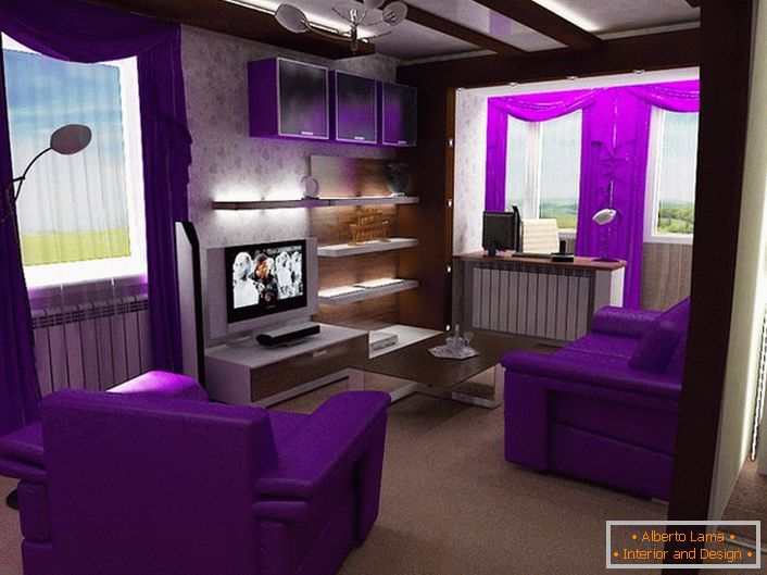 Яскраві акценти соковитого фіолетового кольору роблять вітальню в стилі модерн по-справжньому ексклюзивною.