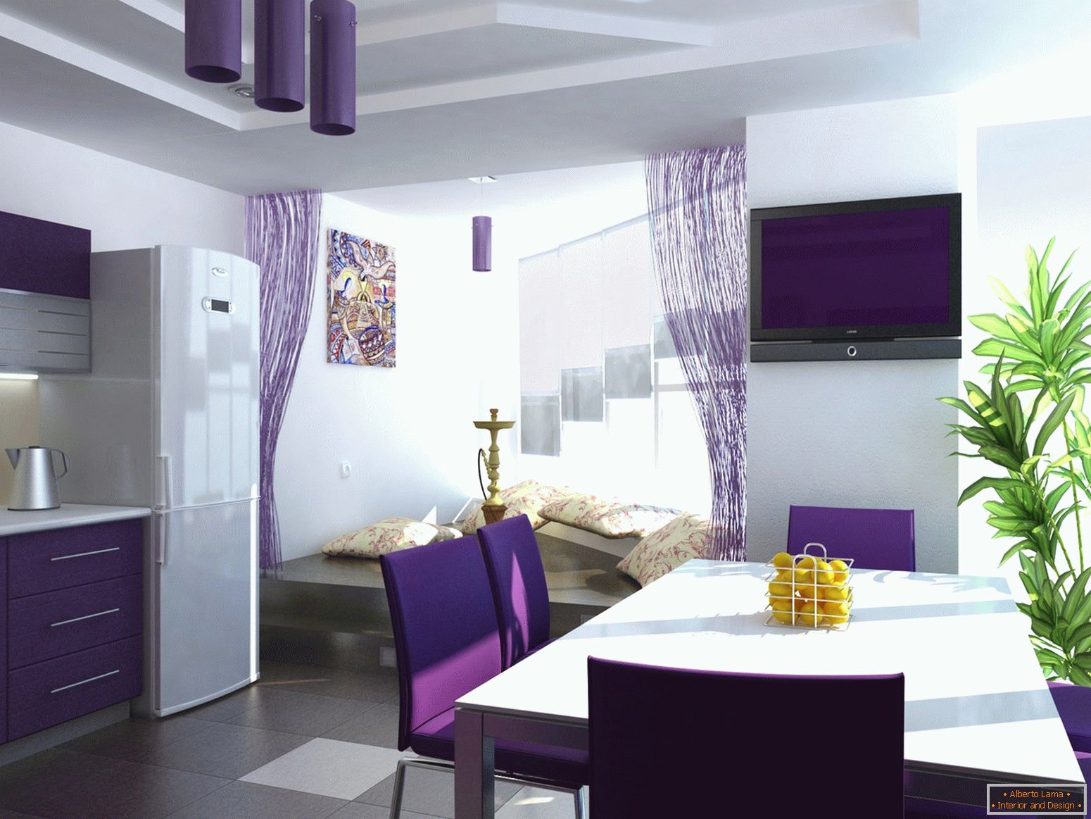 Фіолетові штори на кухні