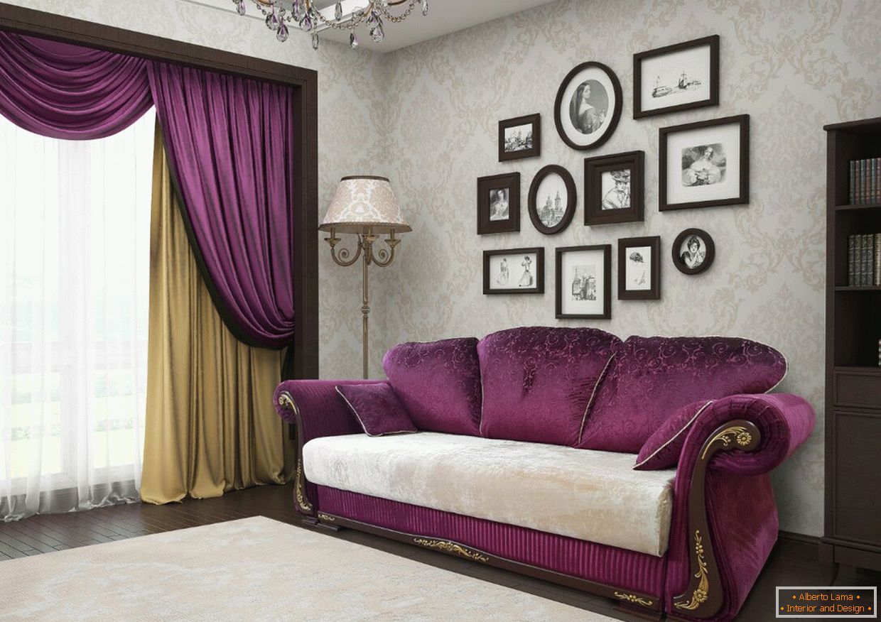 Фіолетовий диван і штори в інтер'єрі
