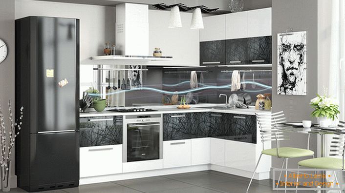 Сучасна кухня оформлена з використанням модульного кухонного гарнітура. Кутовий гарнітур дозволяє заощадити простір.