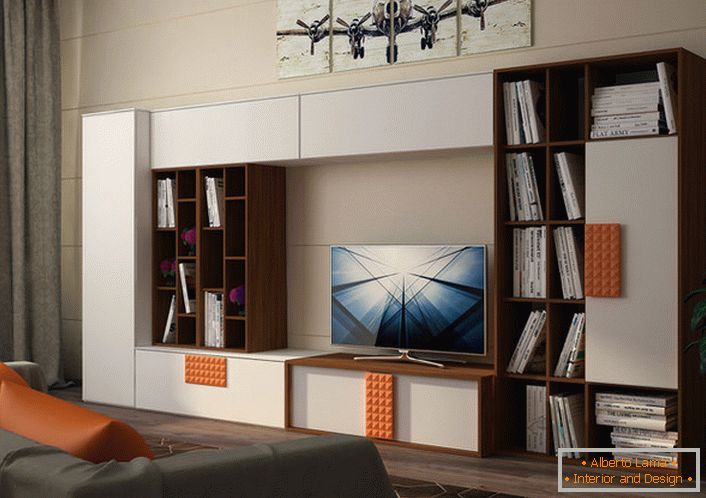 Сувора, концептуальна модульна стінка білого кольору з помаранчевими акцентами. 