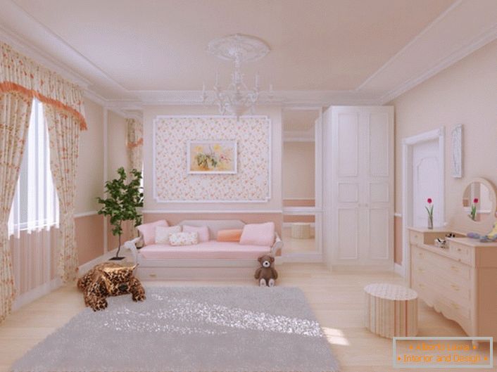 Миловидна дитяча кімната оформлена в стилі кантрі. Для декору також використовується ліпнина з поліуретану. 