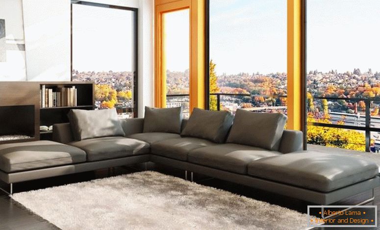 elegance-beautiful-gray-sofa-design-in-modern-style-living-room-well-wide-glass-plus-balcony-in-the-nearby-or-white-fur-carpet-on- Темно-дерев'яна підлогова і дерев'яна книжкова полиця