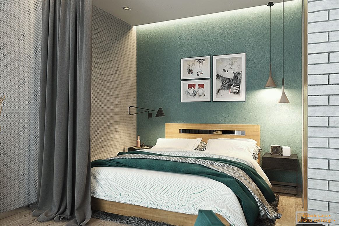 Оформлення маленької спальні в сіро-зеленому кольорі