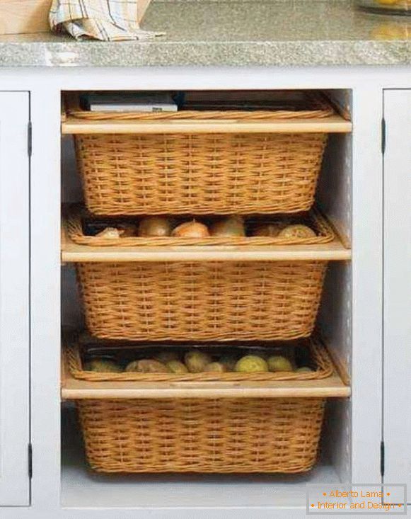Зберігання овочів і фруктів на кухні в кошиках
