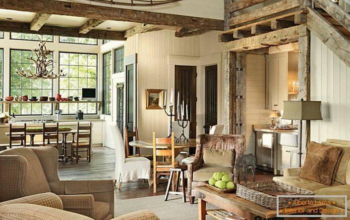 Правильно підібране поєднання обробки і меблів в інтер'єрі вітальні робить сільський стиль креативним і незвичайним рішенням для оформлення. 