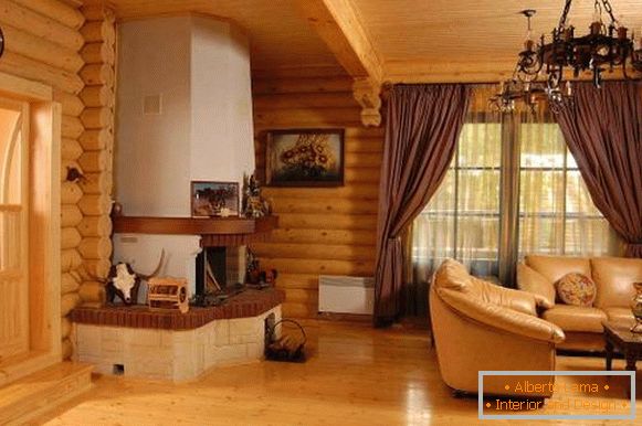 Сучасний інтер'єр дерев'яного будинку з колоди всередині - фото
