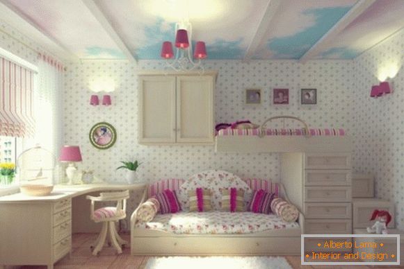 інтер'єр з білими шпалерами для дитячої кімнати для дівчаток