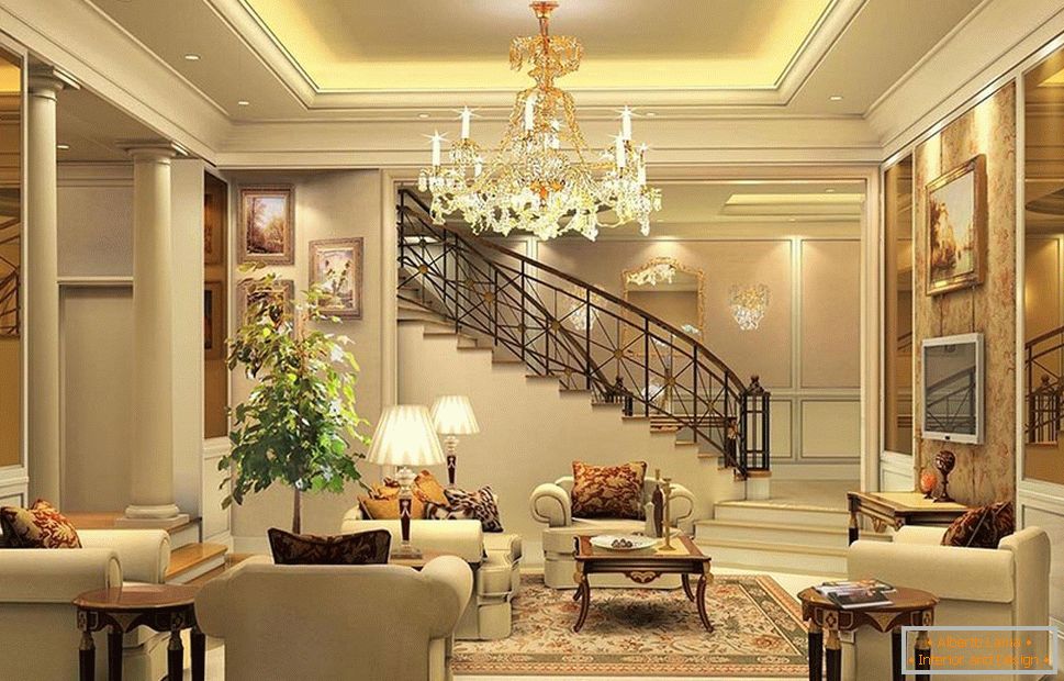 Вітальня в класичному стилі зі сходами