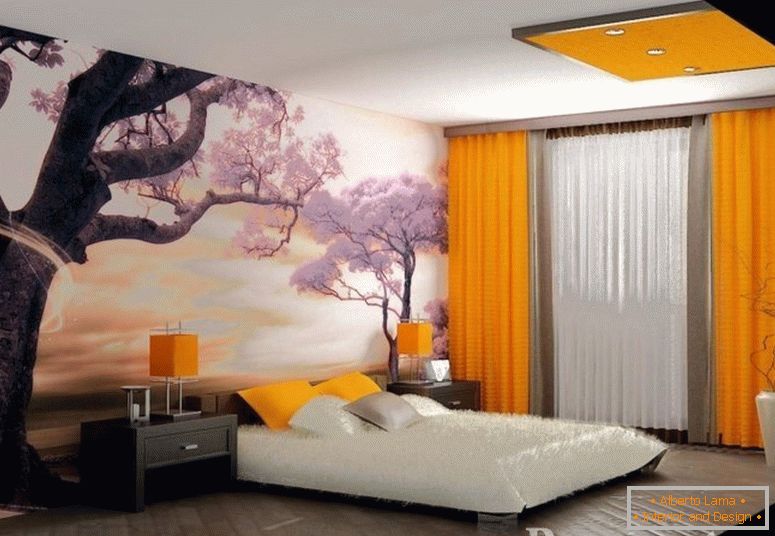 Фотошпалери з сакурою і помаранчеві штори в спальні