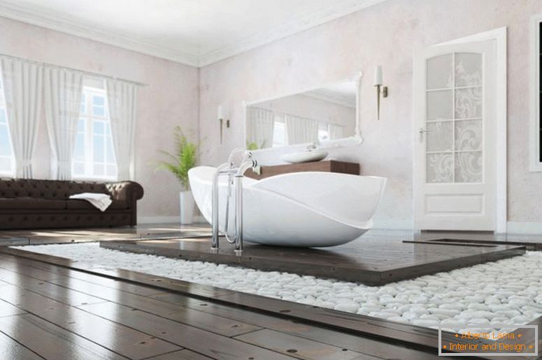елегантний-сучасний-ванна кімната-інтер'єр-дизайн-з-свічка на сад-цікавий-біла ванна-листяна деревина-підлога-стіна-декор інтер'єр-галька-архітектура інтер'єр-дизайн інтер'єр-дизайн-коледжі-програмний