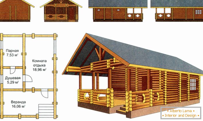 Цікавий проект дерев'яного зрубу лазні з альтанкою під одним дахом.
