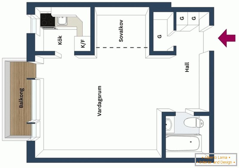 Планування квартири-студії зі спальнею під стелею