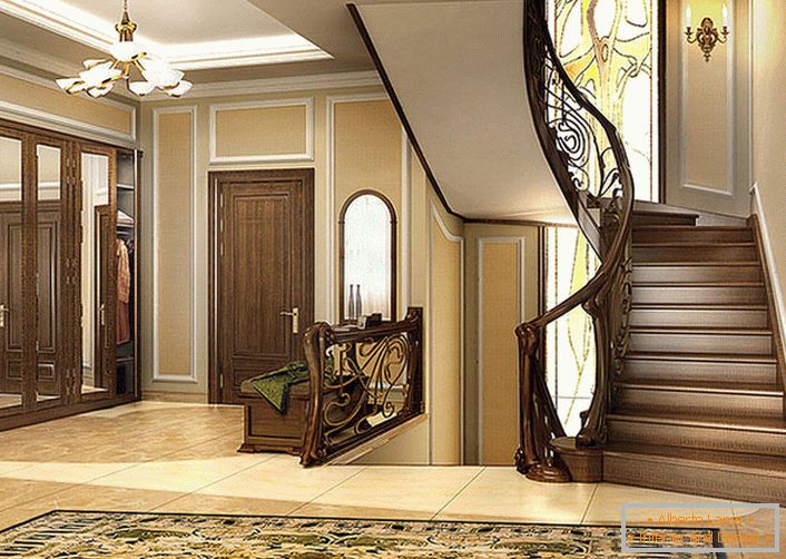 Витончене поєднання плавних ліній і тепло натурального дерева головна риса стилю модерн. Сходи й інтер'єр будинку виглядають як одне ціле. 