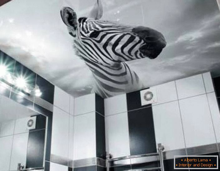 Незвичайне рішення для оформлення чорно-білої ванної кімнати - зображення зебри на натяжних стелях з фотодруком.