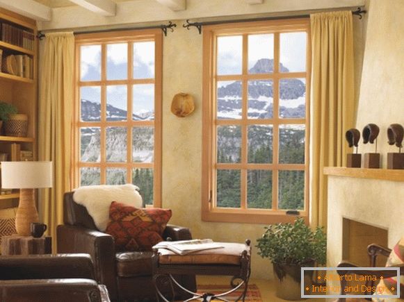 Дизайн вікна у вітальні - фото дерев'яних вікон