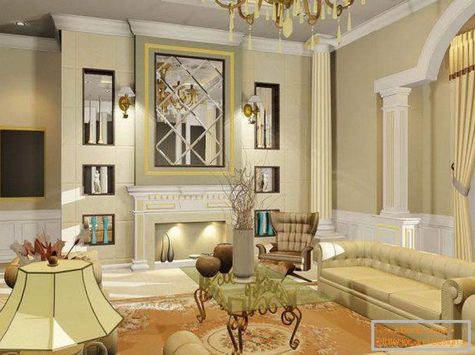 Дизайн інтер'єру вітальні в приватному будинку в класичному стилі