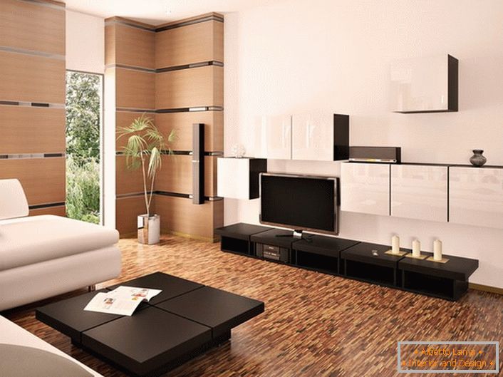 Стильна вітальня модерн в білому і світло-бежевому кольорі прикрашена меблями з темного дерева.