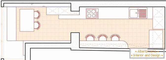 Планування довгою вузькою кухні з балконом
