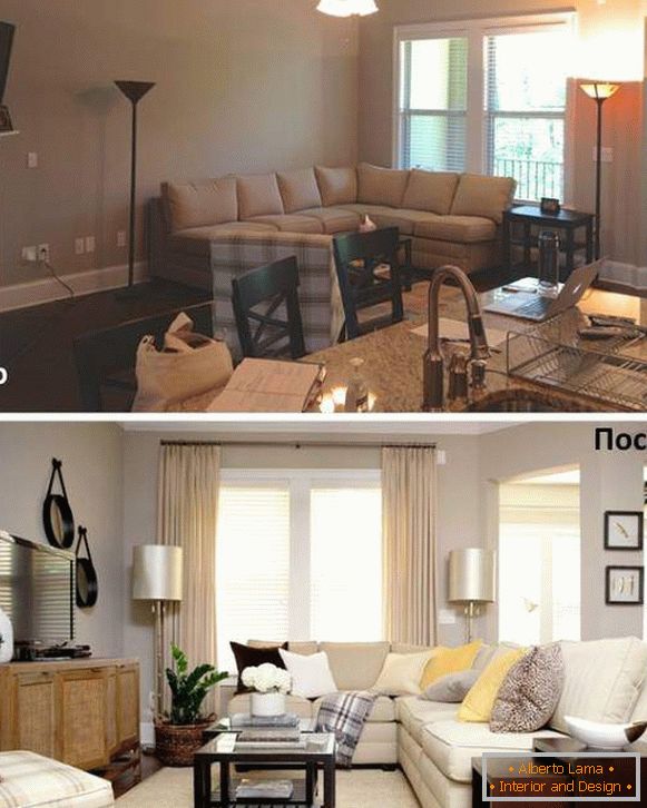 Варіанти розміщення меблів у вітальні на фото до і після