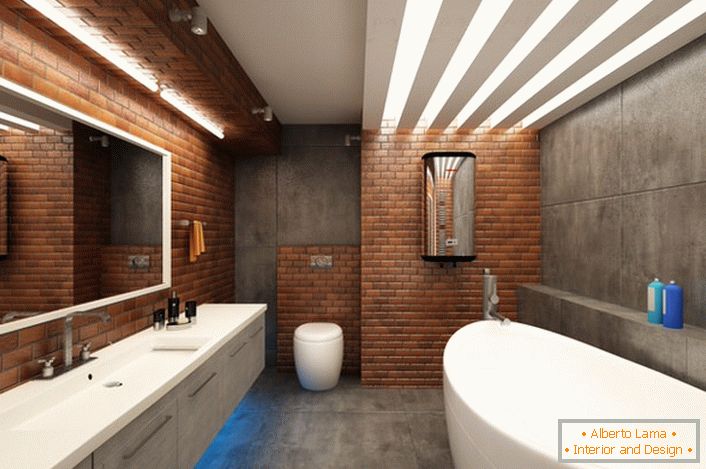 Імітація цегляної кладки у ванній кімнаті в стилі лофт гармонійно поєднується з білосніжною меблями.