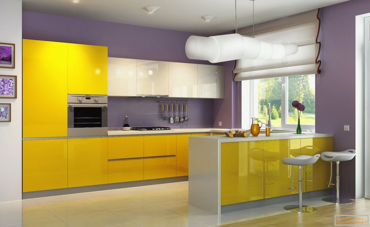 Поєднання жовтого і фіолетового кольорів на кухні