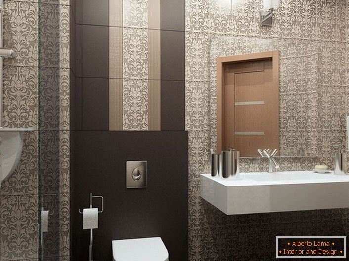Для декору ванної кімнати дизайнер підібрав керамічну плитку в стилі арт-деко. Химерний візерунок витягнутої форми робить стелі візуально більш високими.