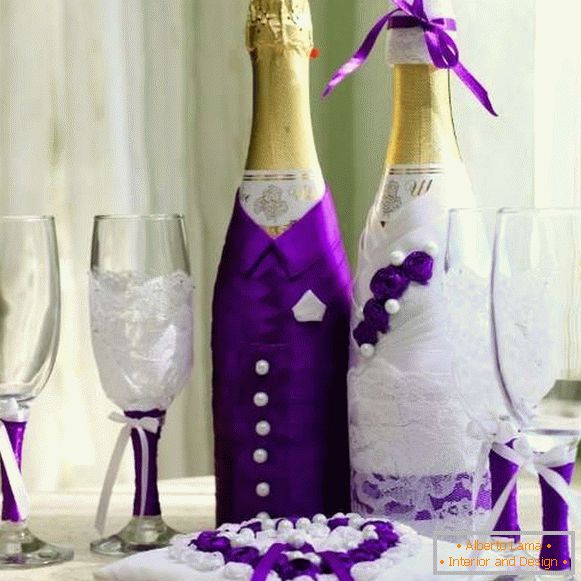 Декорування пляшок шампанського на весілля - наречений і наречена