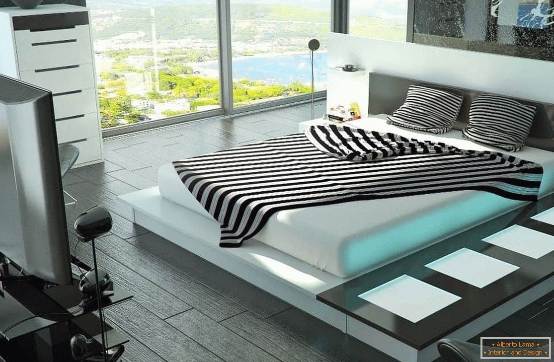 Спальня з великим ліжком з підсвічуванням в стилі хай тек