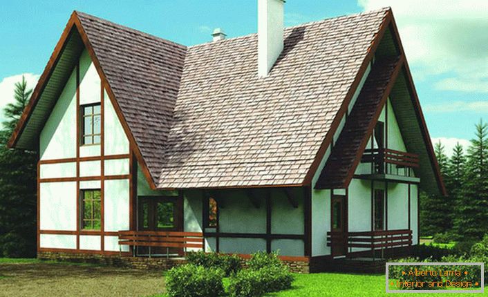 Фасад будівлі будинку оформлений відповідно до вимог скандинавського стилю. Контрастна обробка з дерева стає примітною особливістю стилю. 