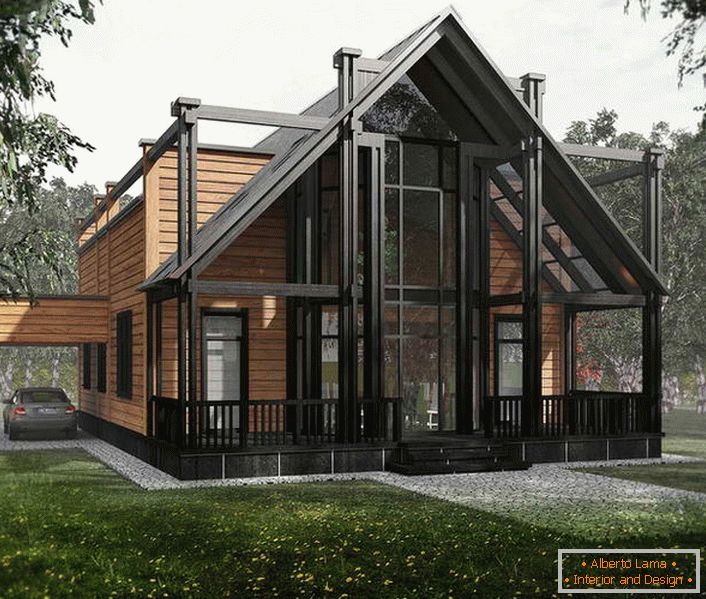 Модульний будинок оброблений деревом. Елегантне, вишукане оформлення фасаду робить будівлю привабливим.
