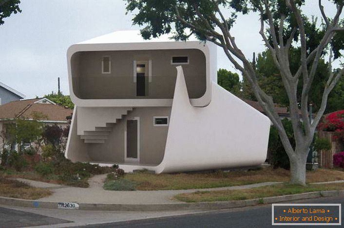 Незвичайний дизайн двоповерхового модульного будинку притягує погляди. Конструкція будинку підходить для постійного проживання. 
