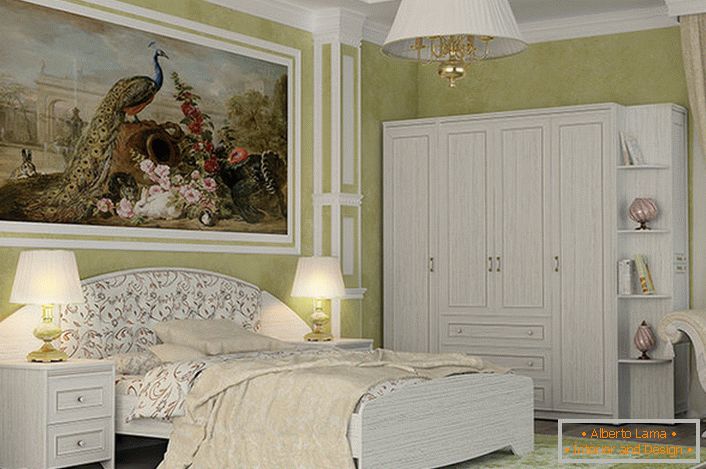 Стильний білий гарнітур створений для спальні в стилі кантрі. Примітною особливістю інтер'єру стає велика картина.