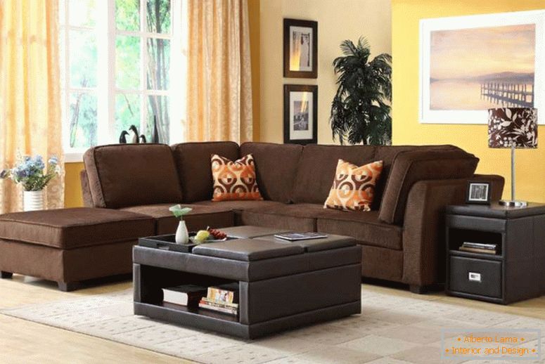 вітальня-захоплююча картина з коричневого та чорного вітальні-прикраса-використання-світло-жовта-вітальня-стіна-фарба-в тому числі рослина-для-living-room-декор-і- L-форма-темно-коричневий-оксамит-вітальня-диван