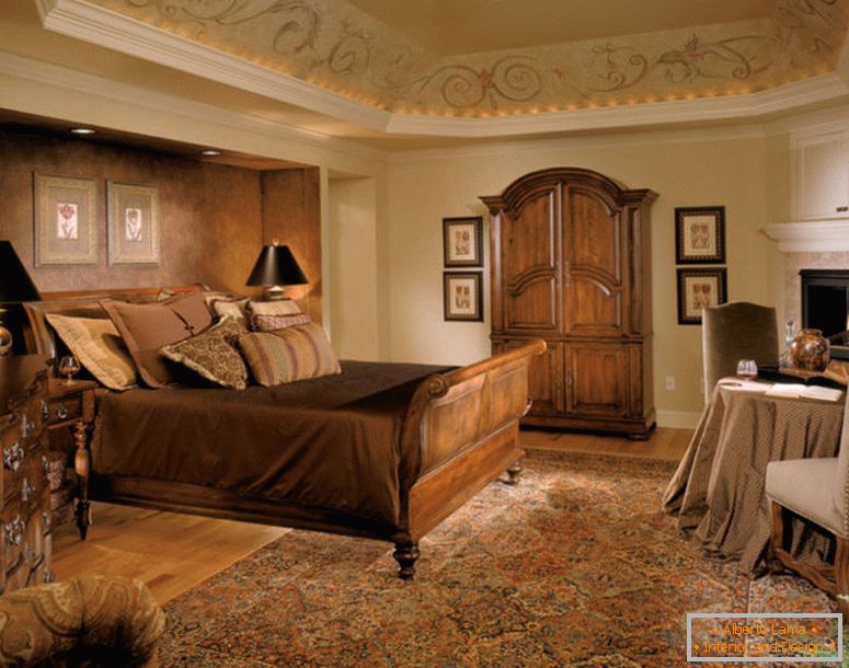 midcentury-royal-bedroom-wooden-bed-frame-furniture-persian-carpet-brown-feature-wall