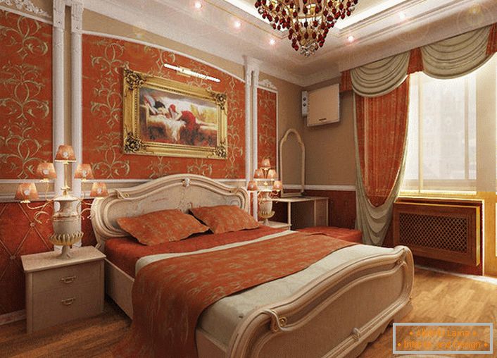 Спальня в стилі ампір для молодої леді. Яскравий кораловий колір в поєднанні з золотим візерунком робить дизайн по-справжньому ексклюзивним і стильним.