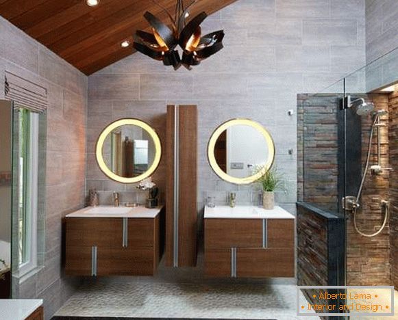 Красиві ванні кімнати - фото обробки деревом і каменем