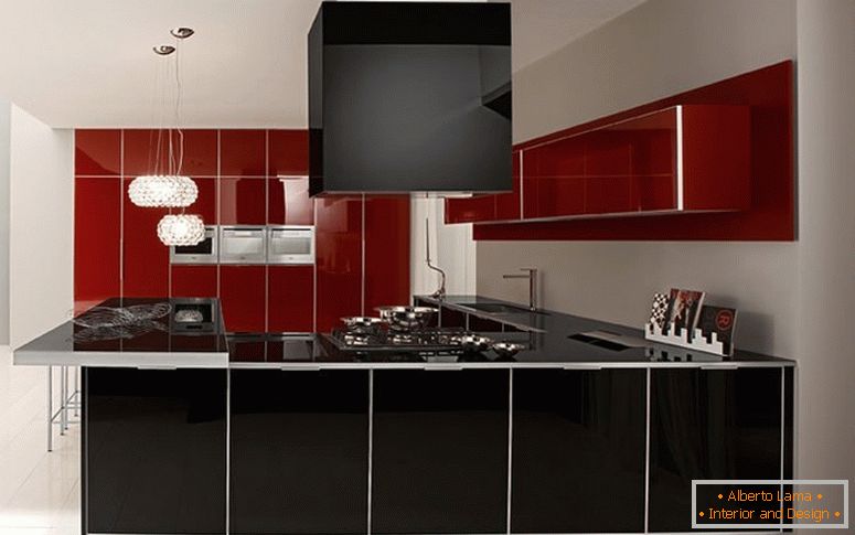 Поєднання чорного, білого і червоного кольорів на кухні