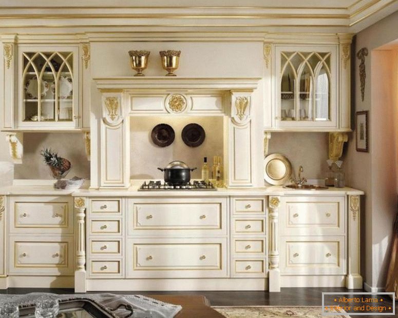 класичний-білий-золотий-дерев'яний-гардероб на кухню дизайн-завіса-скло-вікно-кут освітлення-над плитою-як-коричневий-квітковий-килим на-темно-дерев'яний-floor-jpg