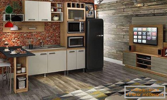 Кухня вітальня в стилі лофт - фото в дизайні квартири-студії