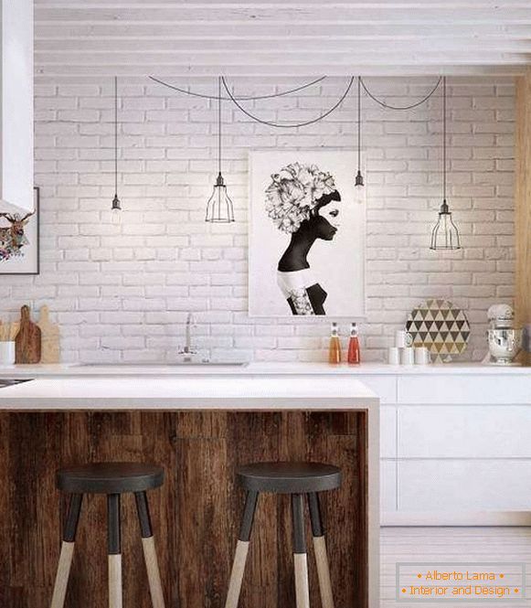 Біла цегляна стіна на кухні в стилі лофт