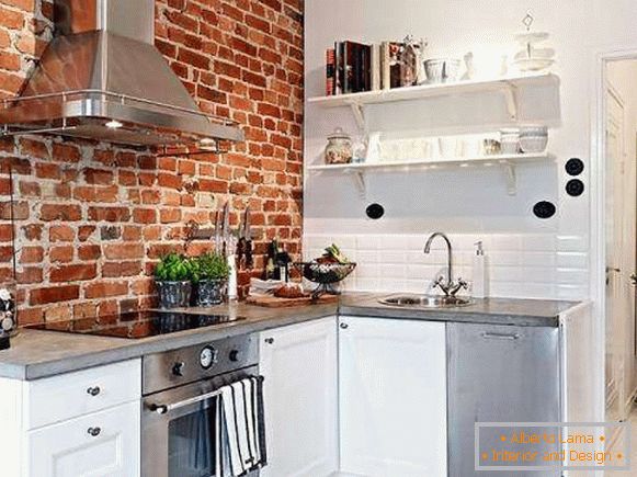 Дизайн кухні в стилі лофт - фото з червоною цегляною стіною