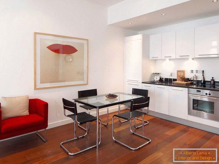 Стильна кухня з акцентами червоного. Мінімалістичний стиль безпрограшний варіант для оформлення квартир-студій. 