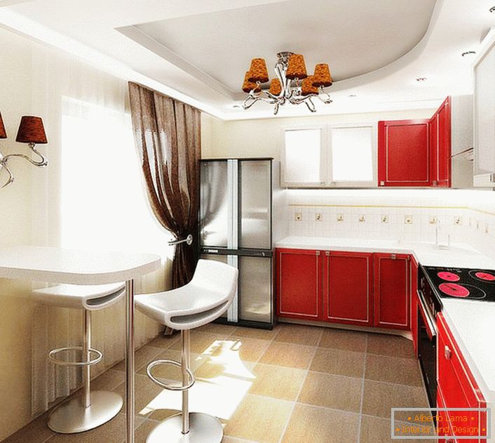 Дизайнерський проект для кухні в звичайній квартирі Москви. Контрастне поєднання кольорів, функціональна, чи не обтяжена деталями меблі, лаконічне висвітлення - показники бездоганного стилю власника житла.