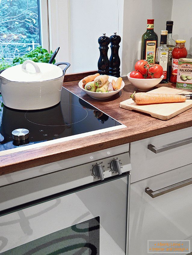 Плита і робоча поверхня на кухні квартири-студії в Швейцарії